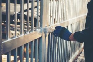 A person painting a metal gate.